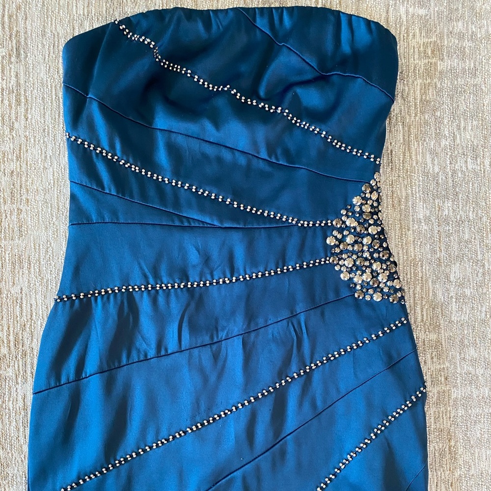 Blue strapless satin mini dress with beaded detail
